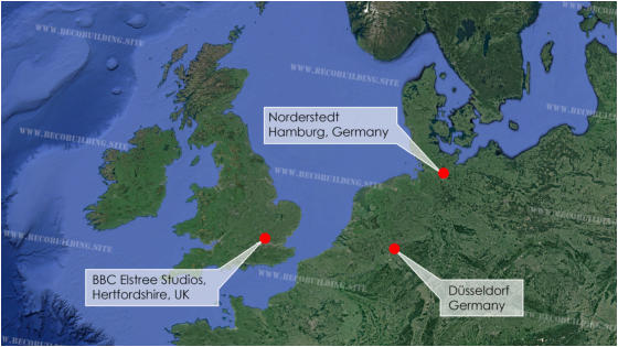 Arial map illustrating both German and UK filming locations used throughout Series 1.