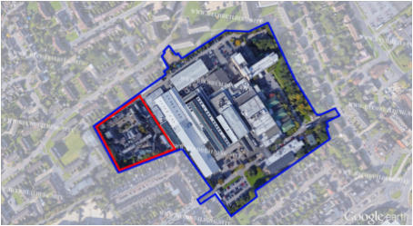 BBC Elstree Studios bound in blue; formally �Central Independent Television� in Hertfordshire, UK. The area bound in red to the west (the backlot) currently houses the EastEnders outdoor film set where the German �BECO Building Site� film set once stood i