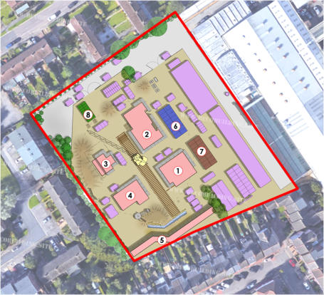 Aerial site plan illustrating Central Televisions �BECO Building Site�  film set as it would have looked back in 1982